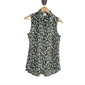 Cabi overall floral print blue green sleeveless half button tank top small